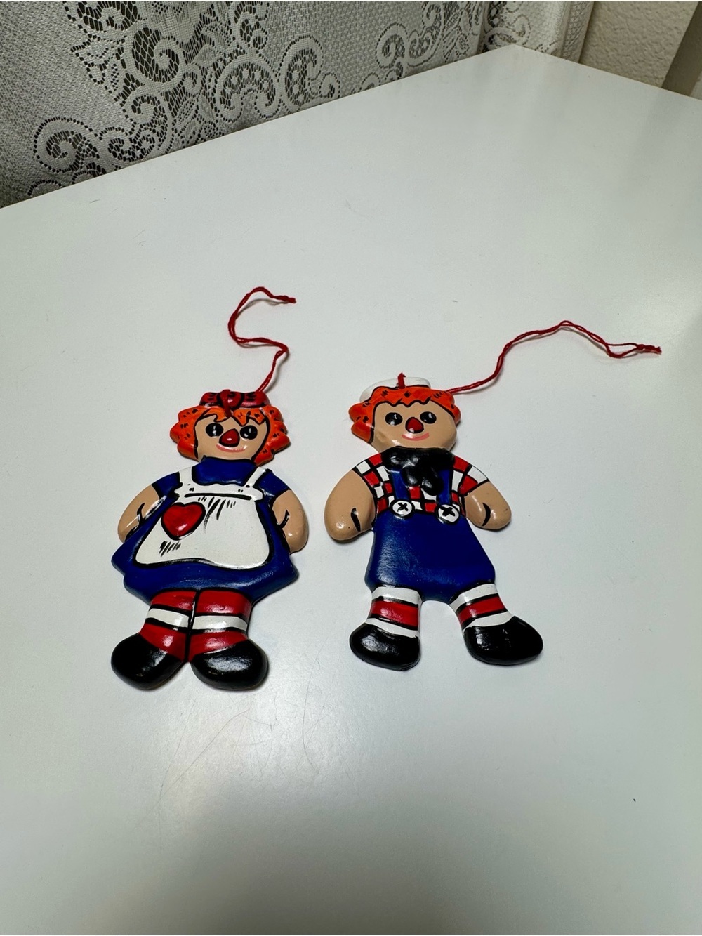Hand-painted Vintage Rag Doll Hanging Ornaments Set - Red Hair, Blue Outfits